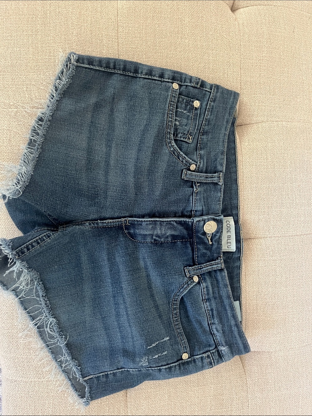 Code Bleu Mid/Dark Wash Distressed Frayed Hem Denim Shorts